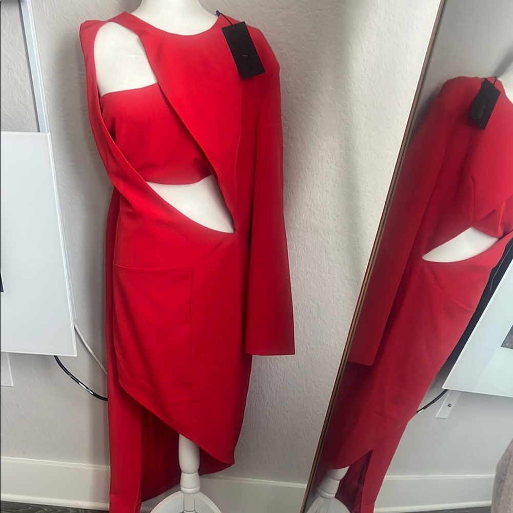 BNWT Sexy Red Scarlet Asymmetrical Long Sleeve Dress